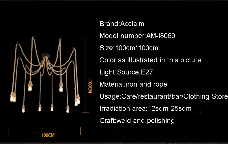 Loft industrial pendant light fixture dinning room hemp rope lamp vintage lights LED edison style